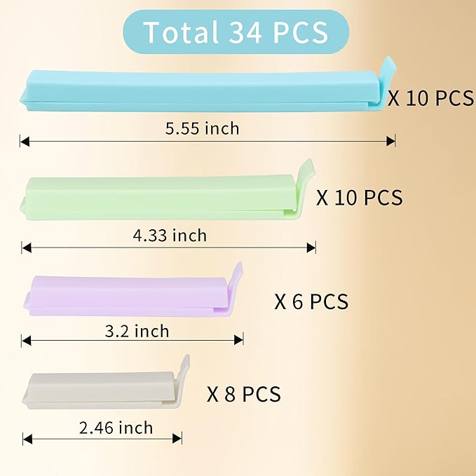 34 Packs Plastic Chip Clips for Food Storage - Resealable Sealing Clips in 4 Sizes (2.4"/3.2"/4.3"/5.5") - Light Colors