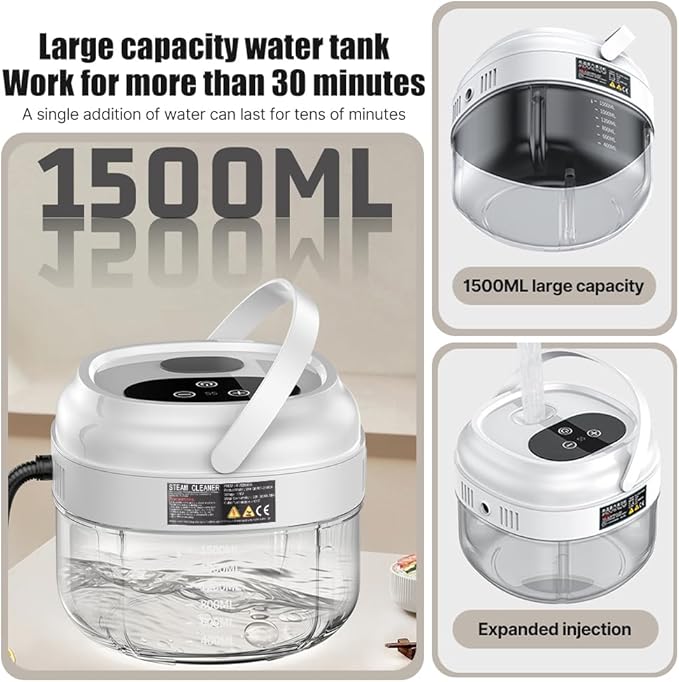 Irishom Pressurized Handheld Steam Cleaner with 3 Brushes and Extended Rod, Deep Cleaning Steamer with 6 Gear Adjustable Digital Touch Screen 1500ml Water Tank