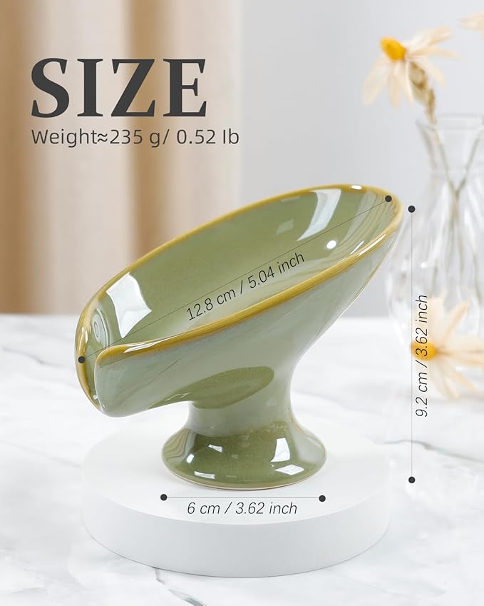 Soap Dish, Self Draining Bar Soap Holder for Bathroom Sink, Leaf Shaped Drainage Ceramic Olive Green Porcelain Decorative Soap Dish, No Suction Cup, ANTIS'S HOME