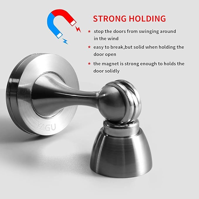 YAGU 2 Pack Silver Magnetic Door Stops Holder, Zinc Alloy Brushed Nickel Door Stoppers Catch Wall Floor Mounted, Magnet Metal Soft-Catch