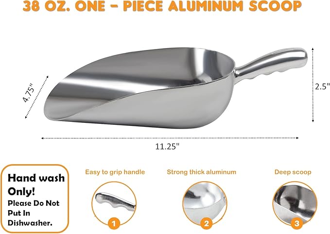 Cast Aluminum Utility Scoop - 38 oz. - Round Bottom, ice scoop For Multi-Purpose Use, With Finger Groove Handle (38 oz.)