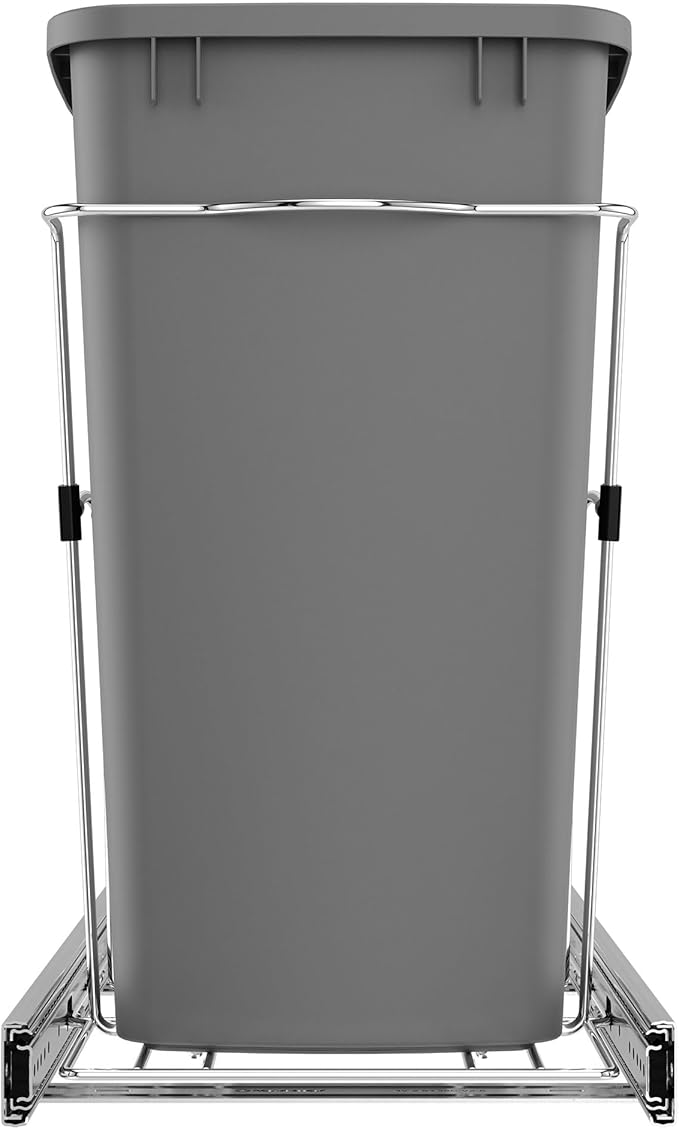 Rev-A-Shelf Pullout Trash Can for Kitchen Cabinets 35 Qt Garbage Waste Recycling Bin w/ Full Extension Slide, Metallic Silver, RV-12KD-17C S