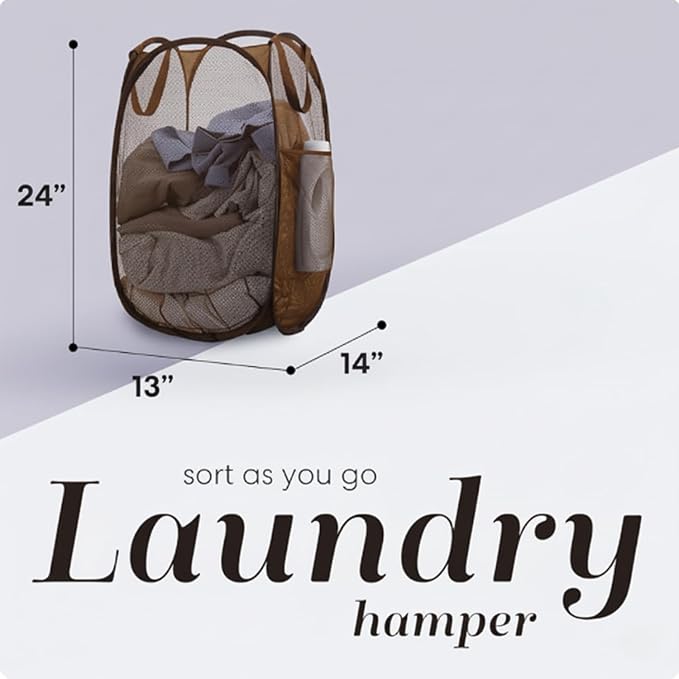 Handy Laundry Collapsible Mesh Pop Up Hamper with Wide Opening and Side Pocket - Breathable, Sturdy, Foldable, and Space-Saving Design for Clothes and Storage (Brown)