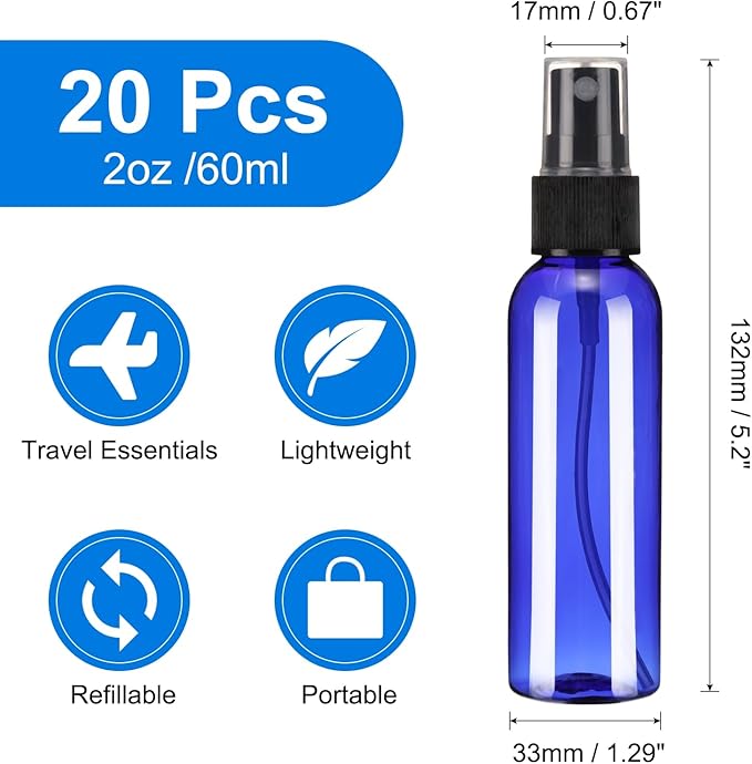 uxcell 20 Pack Spray Bottles, 2 Oz/60ML Reusable Clear Empty Mist Plastic Mini Travel Bottle Set,Small Refillable Liquid Containers for Essential Oil, Cleaning (Blue Black)