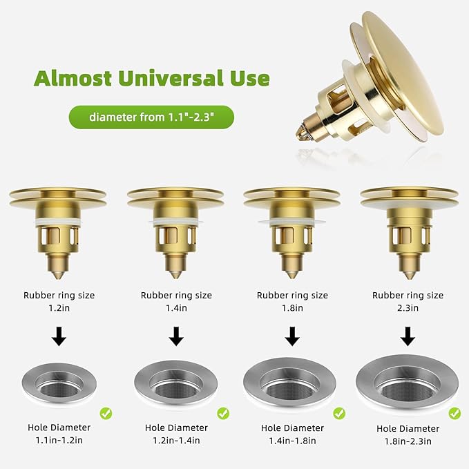 Universal Bathroom Sink Drain Strainer Hair Catcher Upgraded with Removable Stainless Steel Filter Basket, 2 in 1 Pop Up Sink Stopper for 1.1''~2.36'' Sink Basin Hole, Big Cover Cap, Brushed Gold