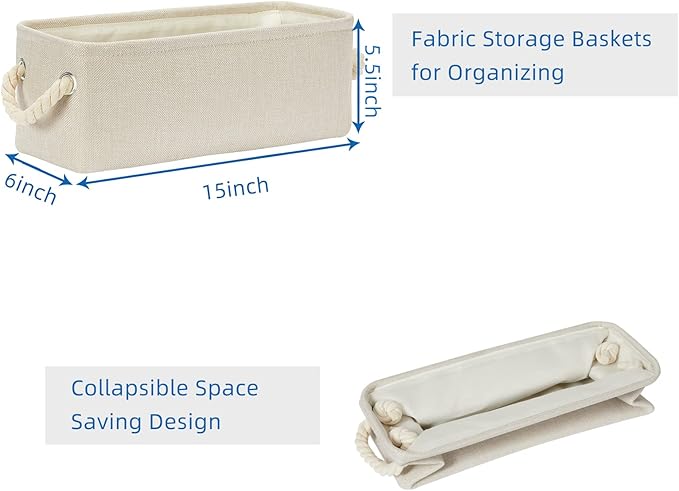 Temary Small Fabric Storage Baskets for Storage Home, Narrow Rectangle Basket with Rope Handles, Decorative Basket for Organizing Toilet Tank Top, Towels, Toilet Paper (Beige, 15Lx6Wx5.5H Inches)