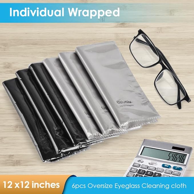 6PCS Large Eyeglass Cleaning Cloths, 12 x12 inches Glasses Cleaner, Individually Wrapped, Premium Microfiber Cleaning Cloth for Glasses, TV, Laptop Screens and Lens, Easier to Grip and Use
