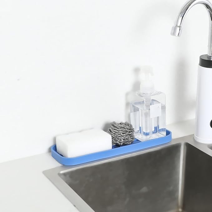 Silicone Kitchen Sink Organizer Tray for Multiple Usage,Eco-Friendly Sponges Holder for Kitchen Bathroom Counter or Sink,Dish Soap Dispenser,Scrubber,Bottle,Cup (Lichen Blue, 12"×4")