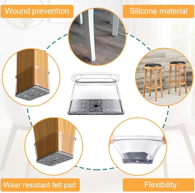 32 Pcs Rectangle Chair Leg Floor Protectors for Hardwood - Silicone Felt Furniture Pads, Scratch/Noise Reducing Covers, Large (Fit Perimeter 5" to 5-7/8")