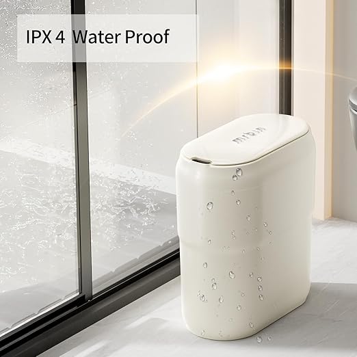 Slim Motion Sensor Trash Can for Bathroom, Automatic Compact Touchless Garbage Bin with Lid, 2.4 Gallon Small Electric Waste Basket for Narrow Apartment Dorm Office, Kitchen, Bedroom, Cream White