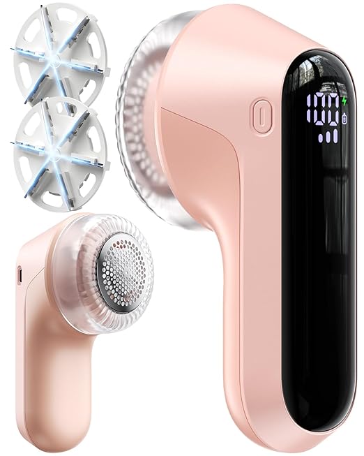 Fabric Shaver, Rechargeable Lint Shaver with Digital Display, Electric Portable Sweater Shaver with 6-Leaf Blades and Safety Lock, 3-Speeds Lint Remover to Remove Pilling for Clothes, Couch (Pink)