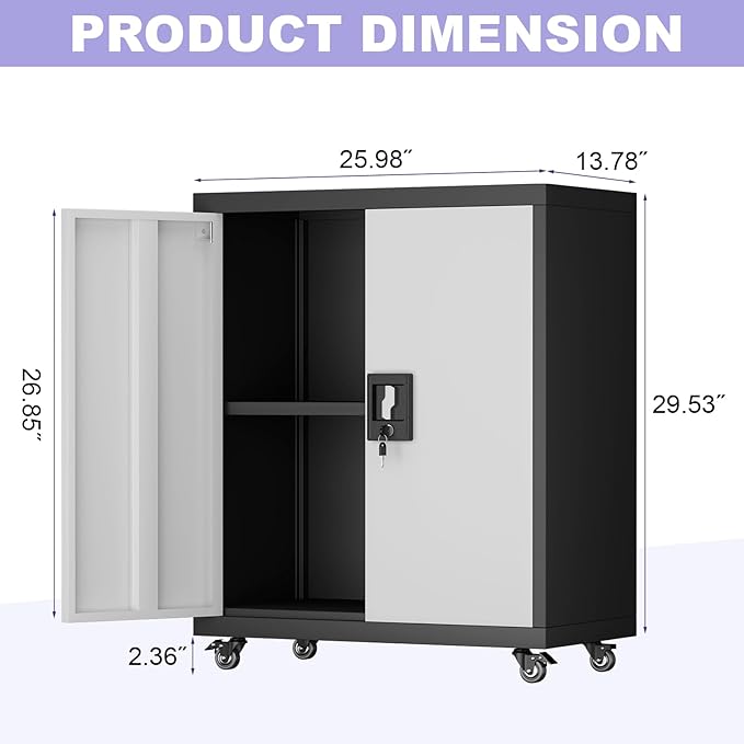 Metal Storage Cabinet with Wheels, Steel Mobile Garage Cabinets with Lockable Door and Adjustable Shelf, Metal Rolling Tool Cabinet, Utility Cabinet for Home, Office, Black+Gray