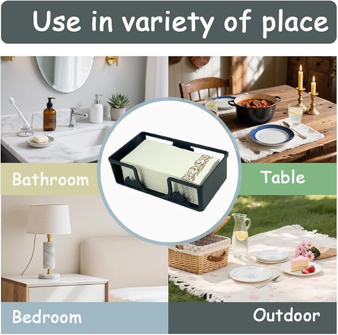 Metal Napkin Holder for Bathroom and Kitchen - Black Floral Design Disposable Hand Towel Holder Tray, Guest Towel Organizer for Countertop, Paper Napkin and Towel Dispenser(Black)