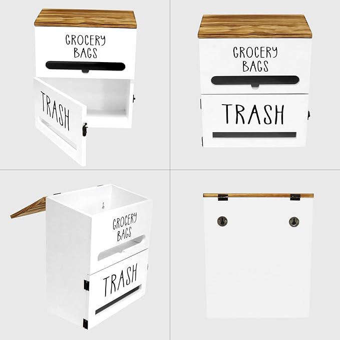 2 in 1 Trash Bag Dispenser, Double Wall Mounted,Wood Trash Bag Holder, used in kitchen, garage, laundry room, can store Environmentally friendly food bags and garbage bags (White)