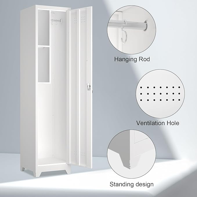 Slim Broom Storage Cabinets, Metal Cabinet with Shelves and Hanging Rod, 65" Utility Storage Cabinet with Locking Door, Tall Cleaning Cabinets for Kitchen, Pantry, Office, Shop, Garage