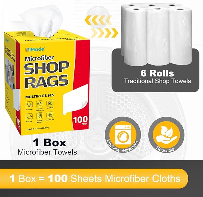 Shop Rags, 100 Sheets Microfiber Cleaning Cloth Commercial Grade Washcloths Lint-Free Bulk Shops Towels for Cars Mechanic Restaurant Garage Housekeeping, 11"x 9", White
