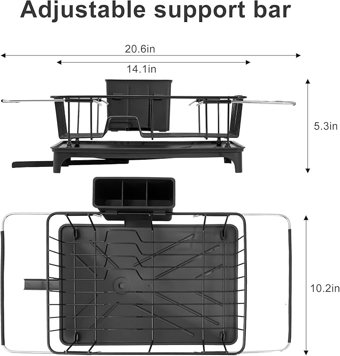 Dish Drying Rack - Expandable Dish Rack for Kitchen Counter, Dish Drainer for Kitchen Counter with Cutlery Holder, Drying Rack Fit for 14’’-21’’ Kitchen Sink