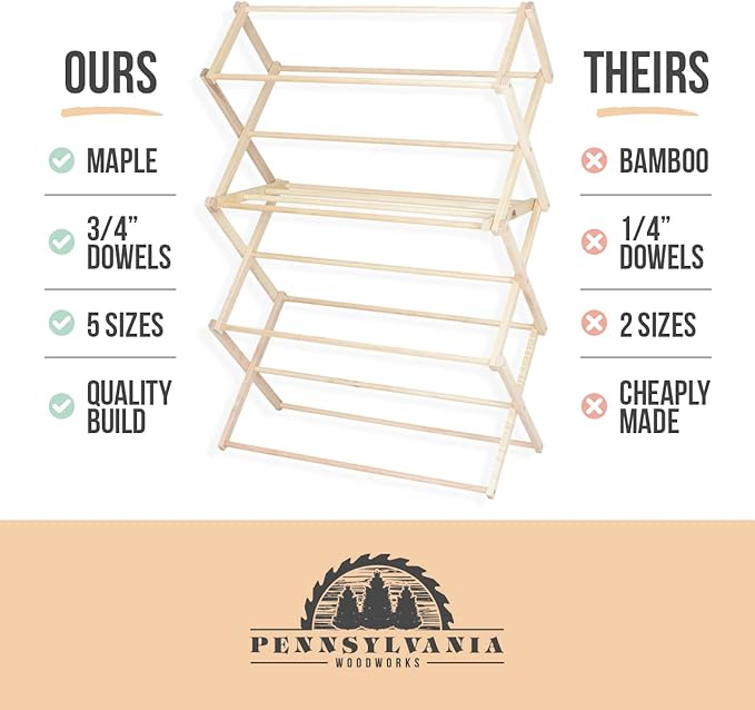 Pennsylvania Woodworks Clothes Drying Rack: Solid Maple Hard Wood Laundry Rack for Sweaters, Blouses, Lingerie & More, Durable Folding Drying Rack, Made in USA, No Assembly Needed, Large