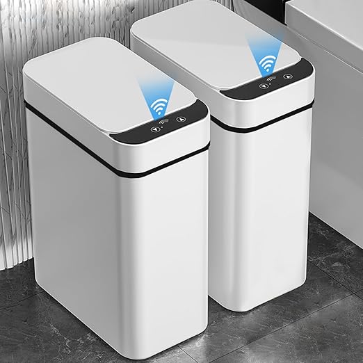 Yatmung 2 Pack - 2.5 Gallon Smart Trash Can Sensor Motion Slim Touchless Bathroom Trash Can - Skinny Trash Bin with Lid - Electric, Narrow, Plastic, Auto Open - Small Automatic Garbage Can (White)