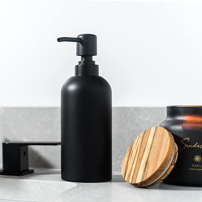 Soap Dispenser - Refillable Resin Pump Bottle for Shampoo, Body Wash, Shower Gel, Lotion, Dishsoap - Modern Decorative Accessories for Kitchen, Bathroom, Countertop - 12.5 oz (Black)
