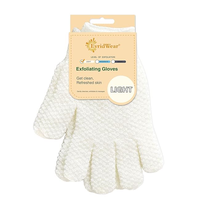 Evridwear Exfoliating Dual Texture Bath Gloves for Shower, Spa, Massage and Body Scrubs, Dead Skin Cell Remover, Gloves with Hanging Loop (1 Pair Light Glove)