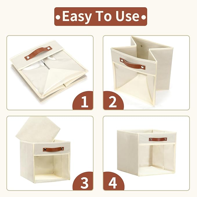 HNZIGE Fabirc Storage Cubes Bin 13x15x13 Clear Storage Cube, 4 Pack Foldable Cloth Cubby Storage Bins for Cube Organizer Closet Cabinet, Large Fabric Storage Bins for Shelves Organizer Bins- Cream