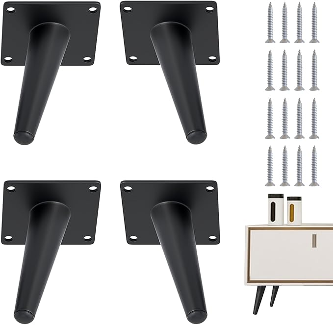 4PCS 4 Inch Matte Black Tapered Angled Legs for Furniture, Metal Mid Century Mordern Feet, Heavy Duty Slanted Stand Legs Kit for Couch, Coffee Table, Desk, Dresser, Sofa, Chair