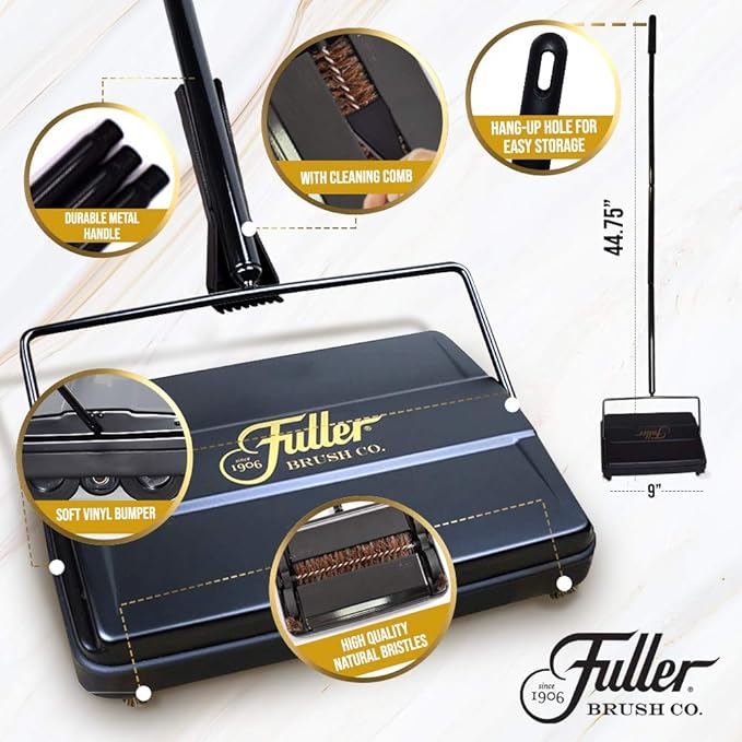 Fuller Brush Electrostatic Carpet & Floor Sweeper with Additional Rubber Rotor - 9" Cleaning Path - Lightweight - Ideal for Crumby & Wet Messes - Works On Carpets & Hard Floor Surfaces (Black)