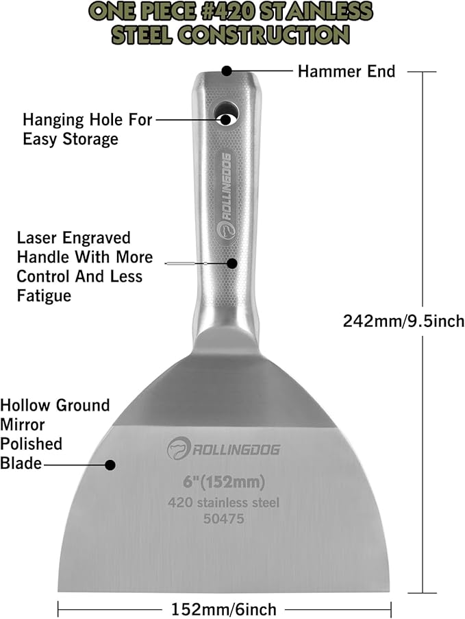 ROLLINGDOG 6 inch Putty Knife - 420 Stainless Steel Spackle Knife Drywall Knife One Piece Mirror Polished Blade for Scraping Paint, Taping