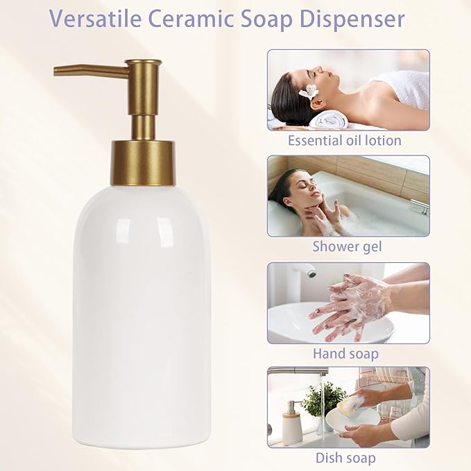 Natheeph 14OZ Ceramic Soap Dispenser Ceramic Soap Pump Dispenser Can Fill Liquid for Bathroom/Kitchen (White)