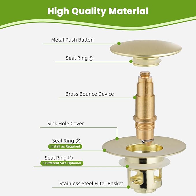Universal 2PCS Bathroom Sink Stopper 2 in 1 Pop Up Metal Sink Drain Strainer with Hair Catcher, Fit for 1.1~2.36" Sink Basin Hole, Big Cover Cap, Anti-clog, Brushed Gold