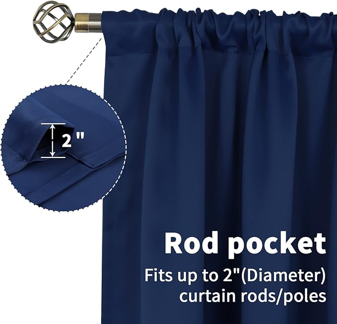 BGment Short Curtains Blackout 36 Inches Length - Rod Pocket Thermal Insulated Room Darkening Window Drapes for Kitchen Bedroom Bathroom, Navy Blue, 2 Panels, 42 x 36 Inch
