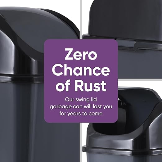 Superio Small 2.5 Gallon Plastic Trash Can with Swing Top Lid, Compact, Slim Waste Bin for Under Desk, Office, Bedroom, Bathroom, Dorm Room, 10 Qt. Portable Garbage Can (Dark Gray, 2