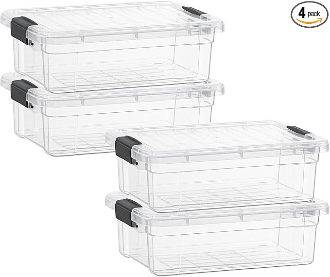 Superio Storage Bins with Lids- 4 Pack, 7.4 Qt Clear Boxes for Organizing, Stackable Plastic Containers- BPA Free, Non-Toxic, Odor Free, Organizer for Home, Office, Dorm