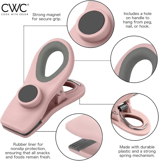 COOK WITH COLOR Bag Clips - Heavy Duty Chip Clip and Refrigerator Magnet Clips for Food Storage with Air Tight Seal Grip, Pink and Grey, Pack of 8