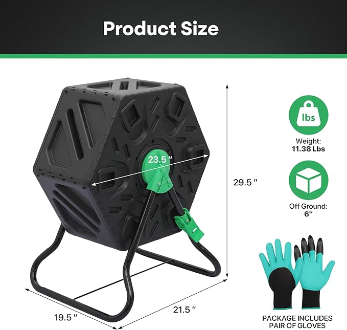 Athena Collection Compost Tumbler, 17 Gallon Single Chamber Outdoor Rotating Composter Bin with Gloves, Easy-Turn BPA-Free Plastic Compost Barrel for Backyard Garden, Patio, Kitchen Food Waste