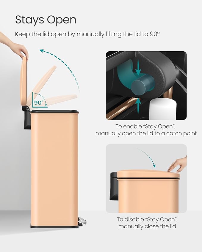 SONGMICS Kitchen Trash Can, 10.5 Gallon (40 L) Garbage Can, Large Step Trash Bin with Lid, Stainless Steel, Soft Close, 15 Trash Bags Included, Peach Fuzz ULTB540R01