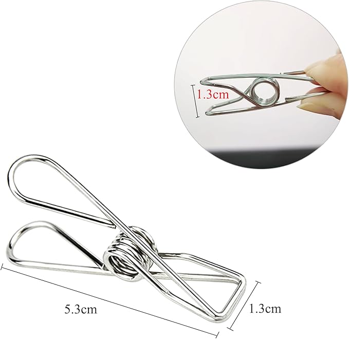 Laundry Clothes Pins Clips 50 Pack, Stainless Steel Heavy Duty Laundry Peg Metal Clip Clothespins for Hanging, Outdoor Clothesline, Snack Bags, Towel, Pictures, Office