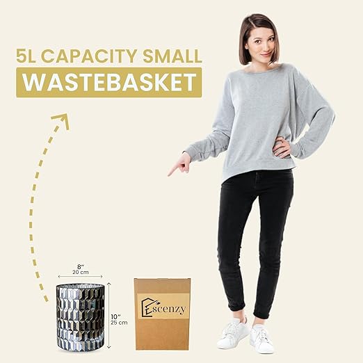 Escenzy Modern Bathroom Trash Can Mosaic Glass 6L | Decorative Small Garbage Can | 8" x 10" | Luxury Waste Basket for Restroom, Office, Bedroom & Kitchen | Shiny Black and Gold Bathroom Accessories