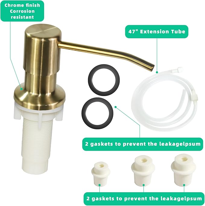 Soap Dispenser for Kitchen Sink, Built in Sink Soap Dispenser, Countertop Soap Dispenser Pump with 47" Extension Tube kit, No Need to Fill Little Bottle Again, Golden