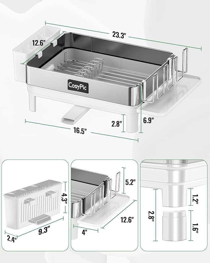 Dish Racks, Thicker Premium 304 Stainless Steel Dish Drying Rack for Kitchen Counter, Automatic Drainage Spout, Dish Drainer & Drainboard Set with Utensil Holder and Cup Holder, White