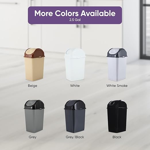 Superio Small Plastic Trash Can with Swing Top Lid, Compact Slim Waste Bin for Under Desk, Office, Bedroom, Bathroom, Dorm Room, 10 Qt. Portable Garbage Can 2.5 Gallon (White, 2 Pack)