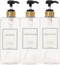Modern Gold Design Large 27 oz Shampoo and Conditioner Dispensers - Empty Plastic Refillable Pump Bottle Set for Bathroom Shower Soap Dispenser, Set of 3 (Clear & Black)