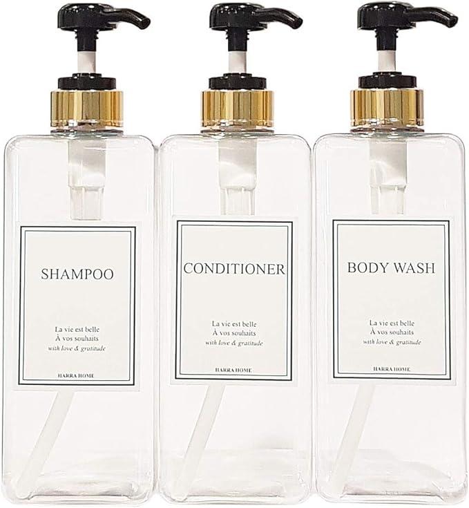 Modern Gold Design Large 27 oz Shampoo and Conditioner Dispensers - Empty Plastic Refillable Pump Bottle Set for Bathroom Shower Soap Dispenser, Set of 3 (Clear & Black)