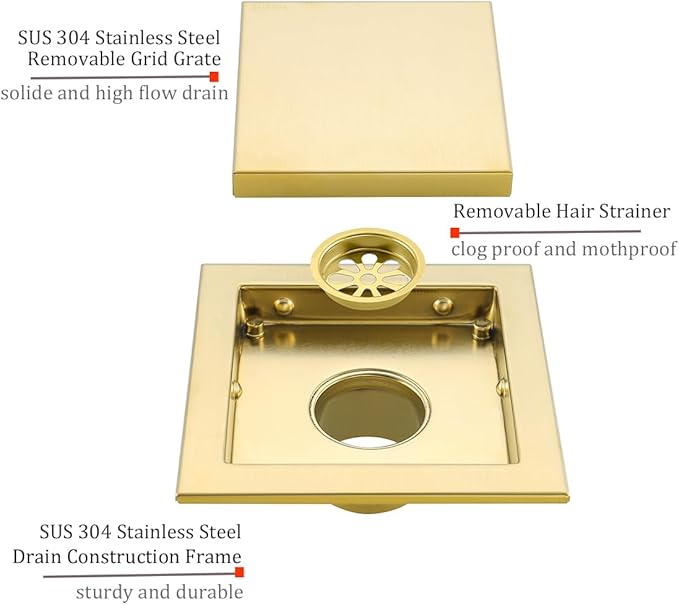 RANDOM Brushed Gold Shower Drain Square 6 inch SUS304 Stainless Steel Shower Floor Drain with Hair Strainer Tile Insert Shower Drain Cover