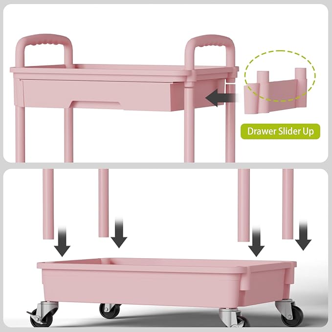 3 Tier Rolling Cart Organizer,Laundry Room Bathroom Organizers and Storage Office Shelves Mobile Shelving Unit Kitchen Trolley Cart with Wheels for Art,Craft,Diaper,Bedside,Snack(Pink)