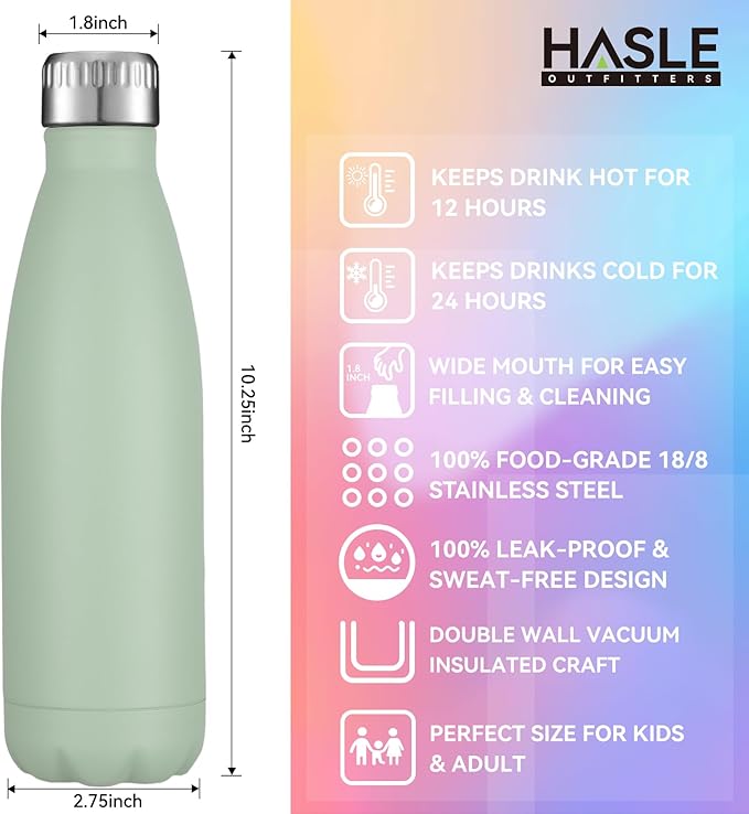 HASLE OUTFITTERS 17oz Stainless Steel Water Bottles, Vacuum Insulated Water Bottles Double Walled Reusable Metal Sports Water Bottles Keep Drinks Hot and Cold, Light Green, 1Pack