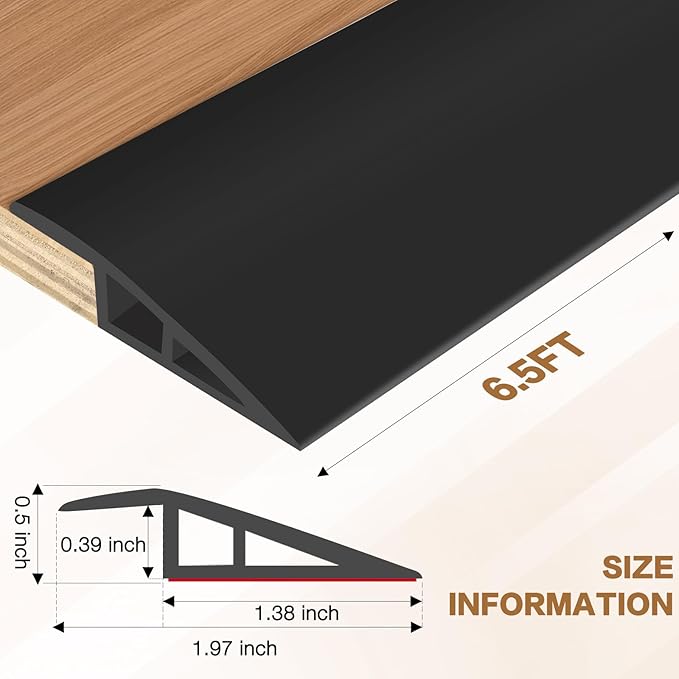 Floor Transition Strip Vinyl Door Threshold Ramp Self Adhesive Carpet Edging Strip Doorway Edge Trim, Overlap Edge Reducer for Laminate Carpet, Floor, Tile (Black, 1/5" to 2/5", 6.6Ft)