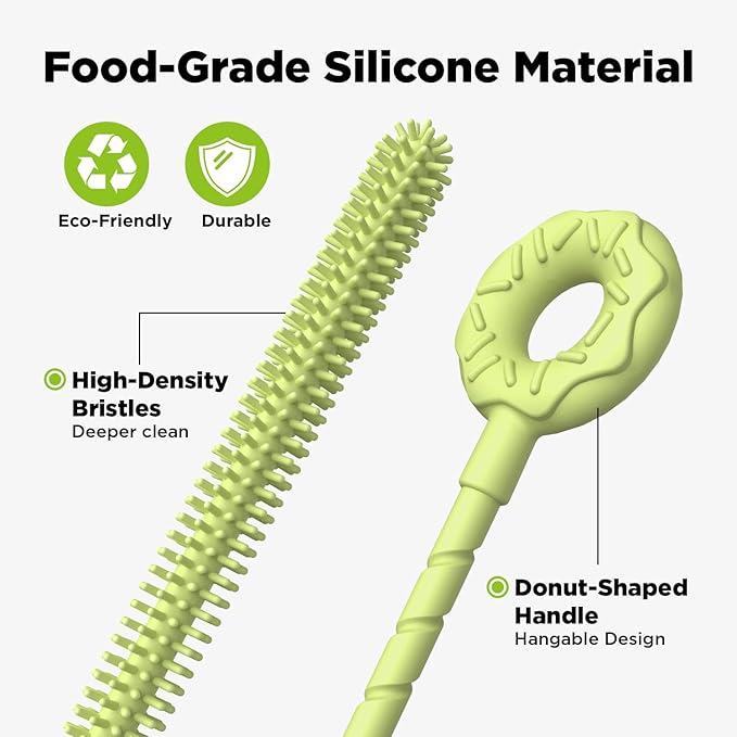 2 Pcs Silicone Straw Cleaner Brush, Extra Long Cleaning Brushes for Straws, 6mm&9mm, Green
