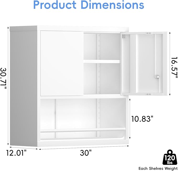 Metal Wall Storage Cabinet, Steel Storage Cabinets with Locking Doors and Shelves, Hanging Cabinet with Guard Bar, Ideal for Kitchen, Laundry, Home Office